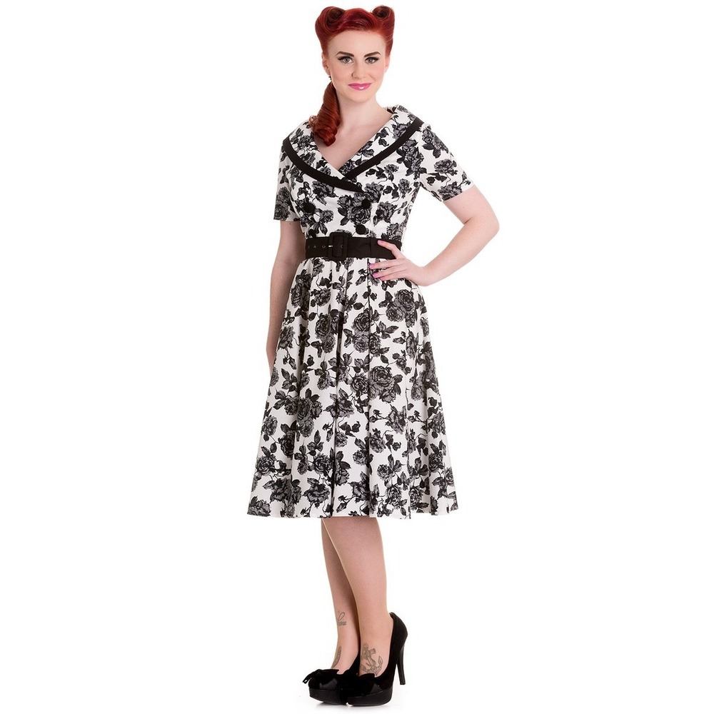 Hell Bunny Honor 50s Style Dress Black Rose V-Neck Collared Size‎ Small